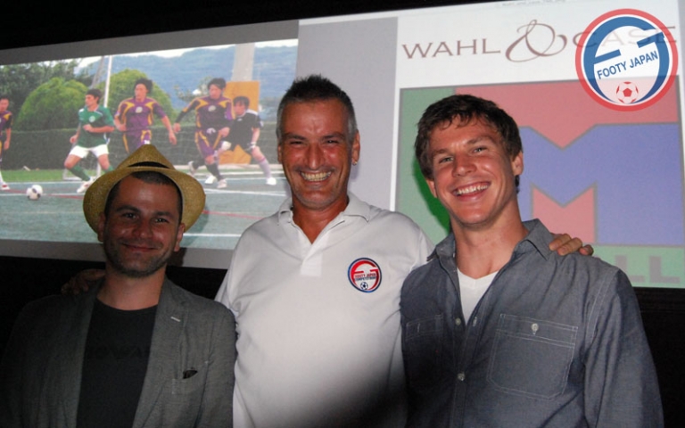 Footy Japan CEO Sid Lloyd (c) with Wahl & Case founders Michael Case (L) & Casey Wahl (R)